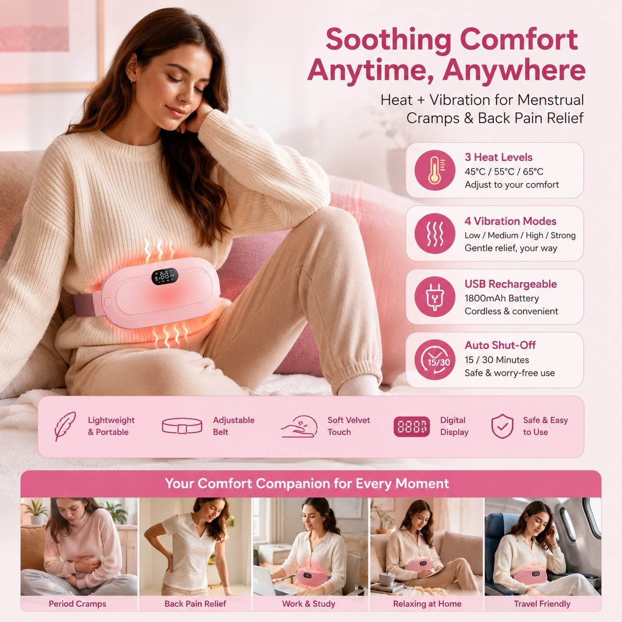 Portable Heating Pad & Massager for Period Cramps and Back Pain Relief